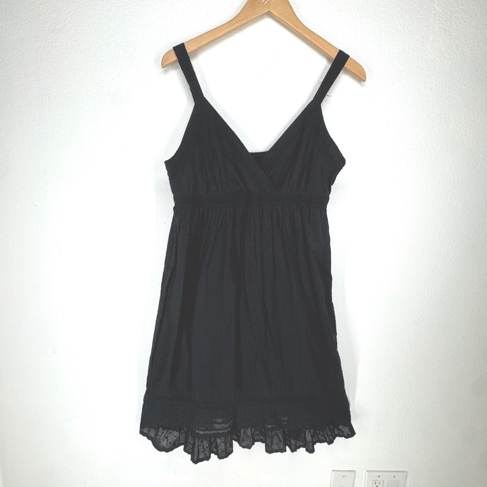 Faded Glory Black Swiss Dot Crochet Lace Babydoll Dress Medium Y2K Boho Coastal